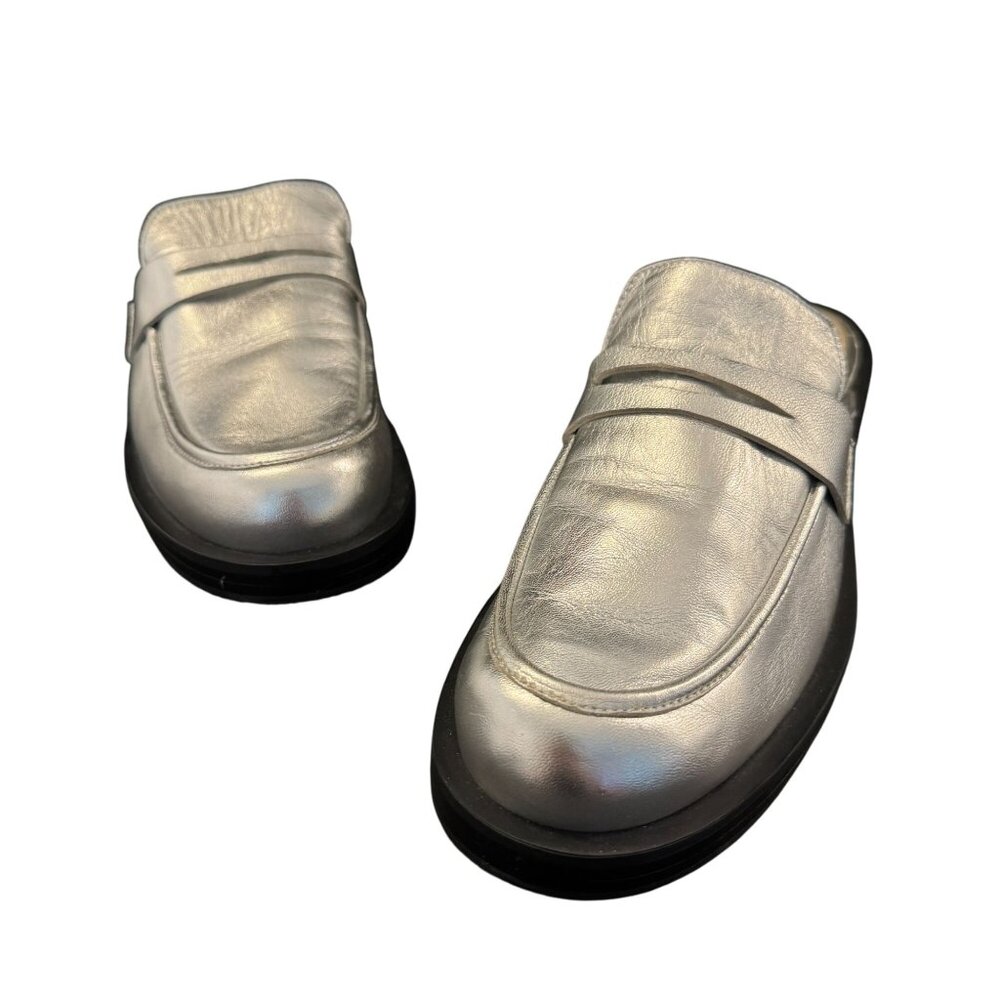 Stuart Weitzman Women's Palmer Bold Silver Penny Loafer Mule, Size 7.5 WORN ONCE
